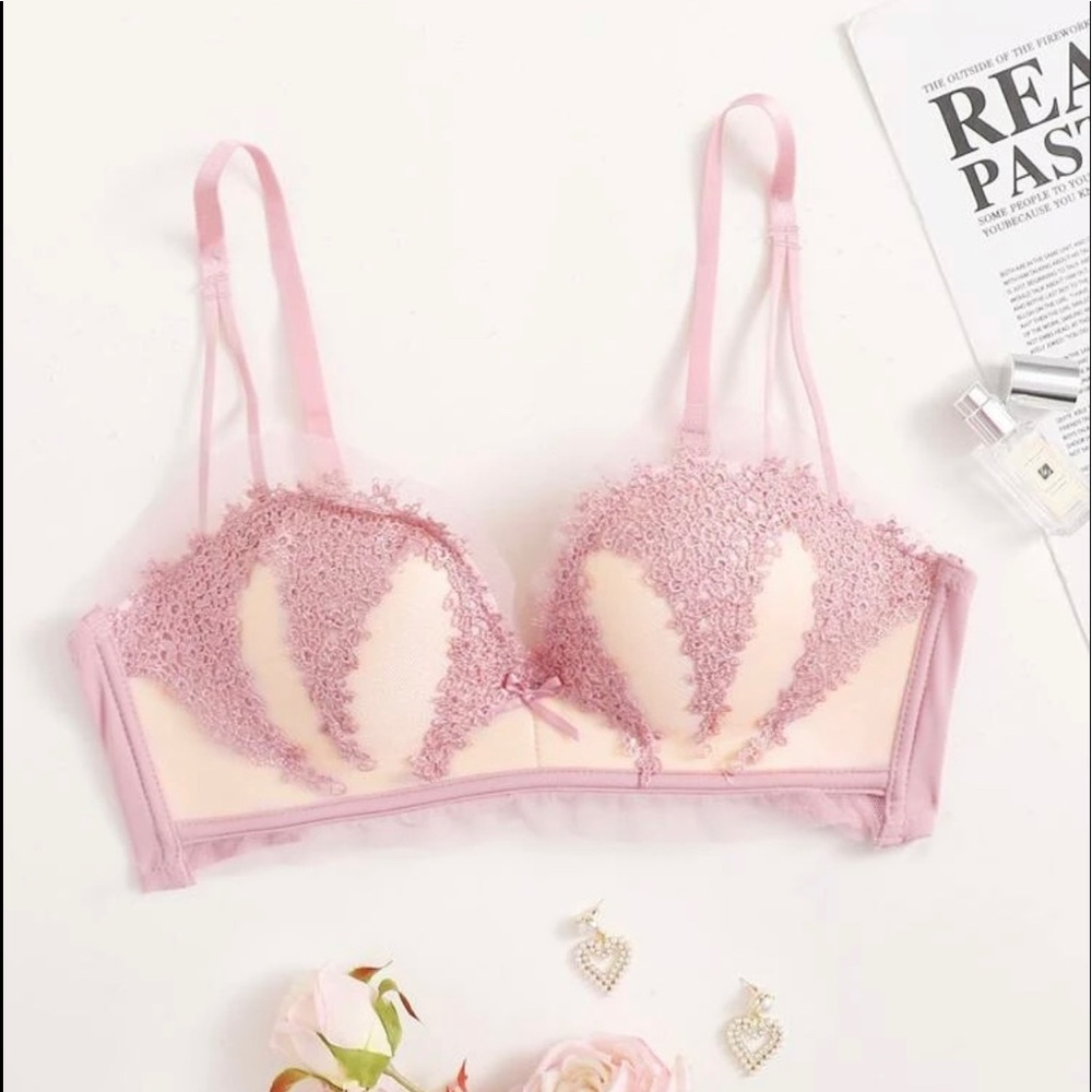 Pink and Cream Floral Lace Bra